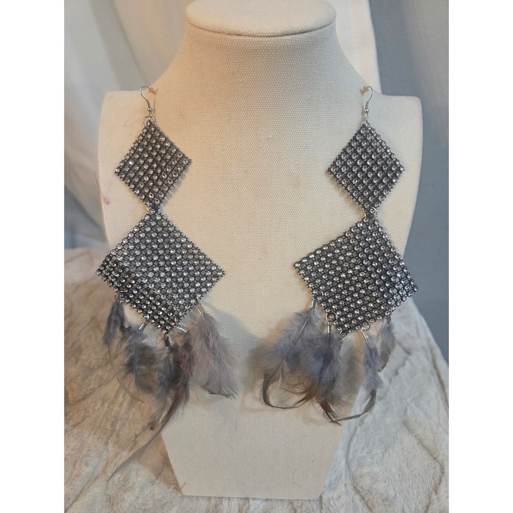 Grey Rhinestone Mesh Double Diamond Feather Fringe Statement Drop Earrings